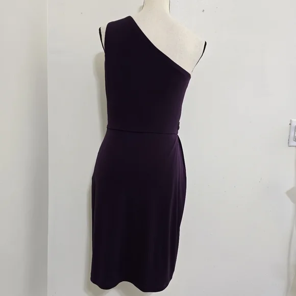 CALVIN KLEIN size 6 Stretch Zip Ruched One Shoulder Embellished Dress Purple - Picture 9 of 16